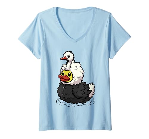 Damen Straußen-Gummiente T-Shirt mit V-Ausschnitt von Ostrich Duckling