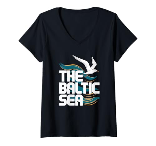 Damen Die Wellen der Ostsee -Möwen Wellen den Küstenflucht T-Shirt mit V-Ausschnitt Damen Die Wellen der Ostsee -Möwen Wellen den Küstenflucht T-Shirt mit V-Ausschnitt von Ostsee -Möwenwellen Küste reisen