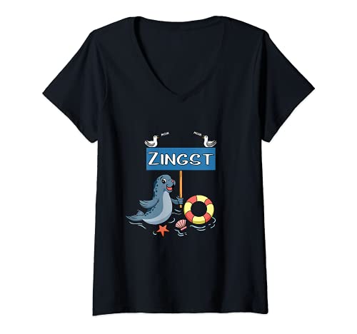 Damen Moin Moin - Ostseeheilbad Zingst T-Shirt mit V-Ausschnitt Damen Moin Moin - Ostseeheilbad Zingst T-Shirt mit V-Ausschnitt von Ostsee Urlaub in Zingst