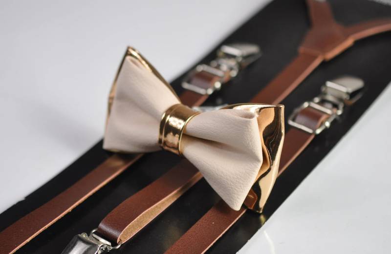 Creme Weiße Perle Weiß Und Rose Gold Kunstleder Fliege + Braun Leder Hosenträger Für Baby Säugling/Junge Kinder Jugend Teenage von Osunworld