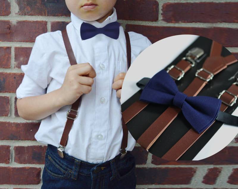 Dunkel Braun Faux Leder Skinny Verstellbare Hosenträger + Baumwolle Marineblau Fliege Fliegen Für Baby Junge Kinder/Teenager Jugend von Osunworld