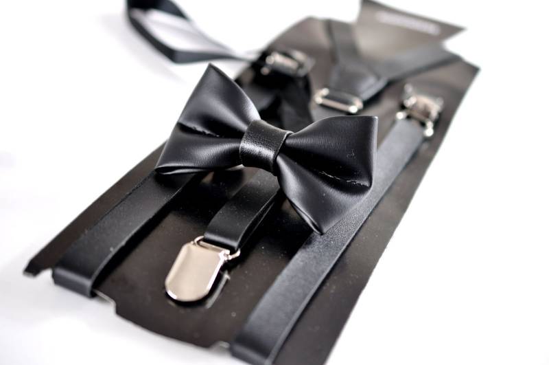 Kinder Jungen Baby Kleinkind Schwarz Faux Leder Glänzend Fliege Und Hosenträger Hochzeit Set Passt 1-6 Jahre Alt von Osunworld