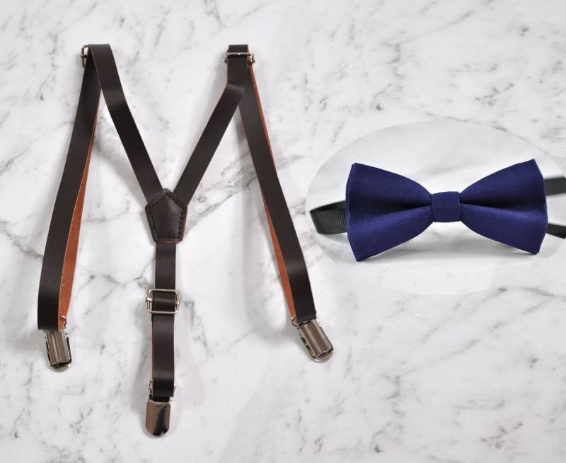 Kinder Jungen Baby Marine Blau 100 % Baumwolle Fliege Dunkel Braun Leder Hosenträger Hochzeit Set Passt 1-8 Jahre Alt von Osunworld