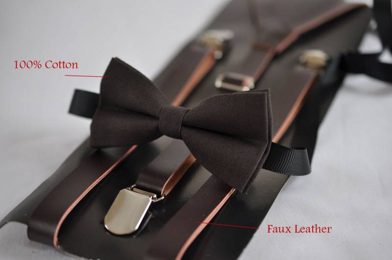 Kinder Seite Junge Baby Kleinkind Kind Kaffee Tief Braun Baumwolle Fliege + 15mm Faux Leder Hosenträger Hochzeit Passt 1-6 Jahre Alt von Osunworld