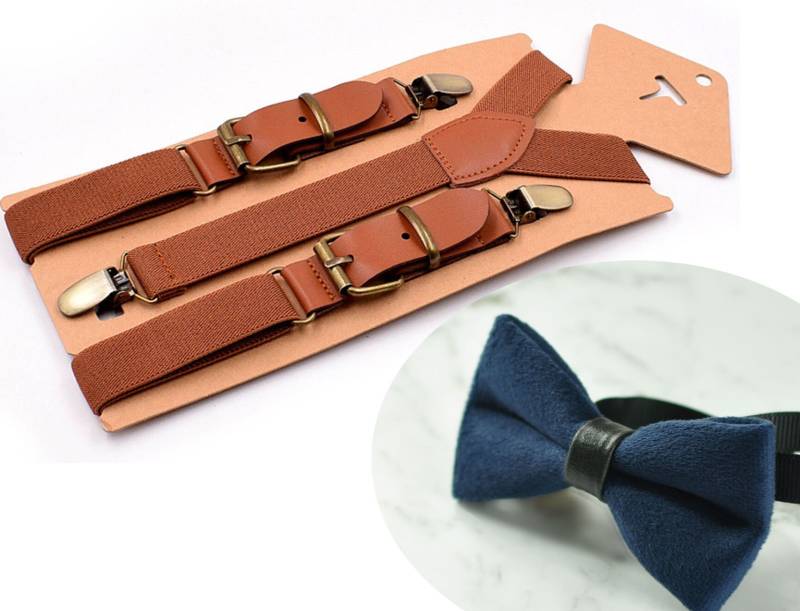Navy Blue Velvet Leder Bow Krawatte + Tan Brown Leather Und Elastic Braces Suspenders For Baby Kids Page Boy 1-8 Years Old Wedding von Osunworld