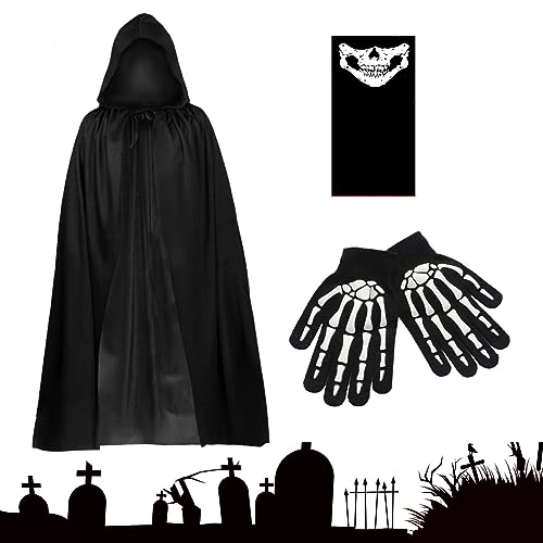 Osuter 3-teiliger Halloween Schwarz Kapuzenumhang Handschuhe Cosplay Halloween Umhang mit Kapuze Mittelalter Umhang Kapuzenumhang Vampir Mantel Kostüm für Erwachsene Maskerade Halloween (140cm) von Osuter