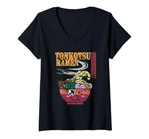 Damen Tonkotsu Ramen Niedliche Kawaii Nudelschale Japanischer Lebensmittelliebhaber T-Shirt mit V-Ausschnitt Damen Tonkotsu Ramen Niedliche Kawaii Nudelschale Japanischer Lebensmittelliebhaber T-Shirt mit V-Ausschnitt von Otaku Designs