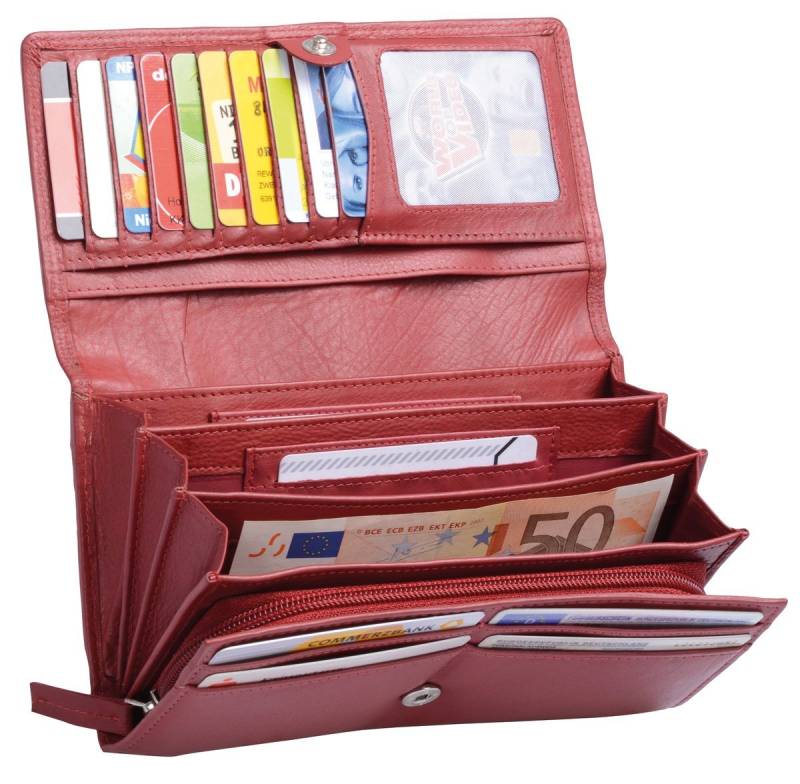 Otario Geldbörse Damen Überschlagbörse lang, mit Reißverschluss, Leder, cherry rot RFID von Otario