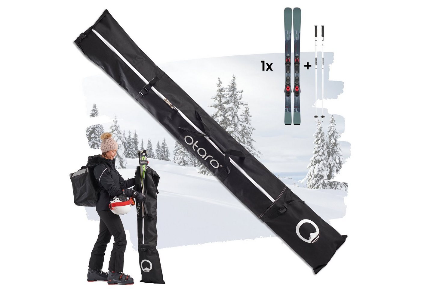 Otaro Skitasche Skitasche mit Schultergurt Skisack zum umhängen, Für 1 oder 2 Paar (Schutz für Ski & Stöcke, 2-tlg., für Skifahren/Langlauf) von Otaro