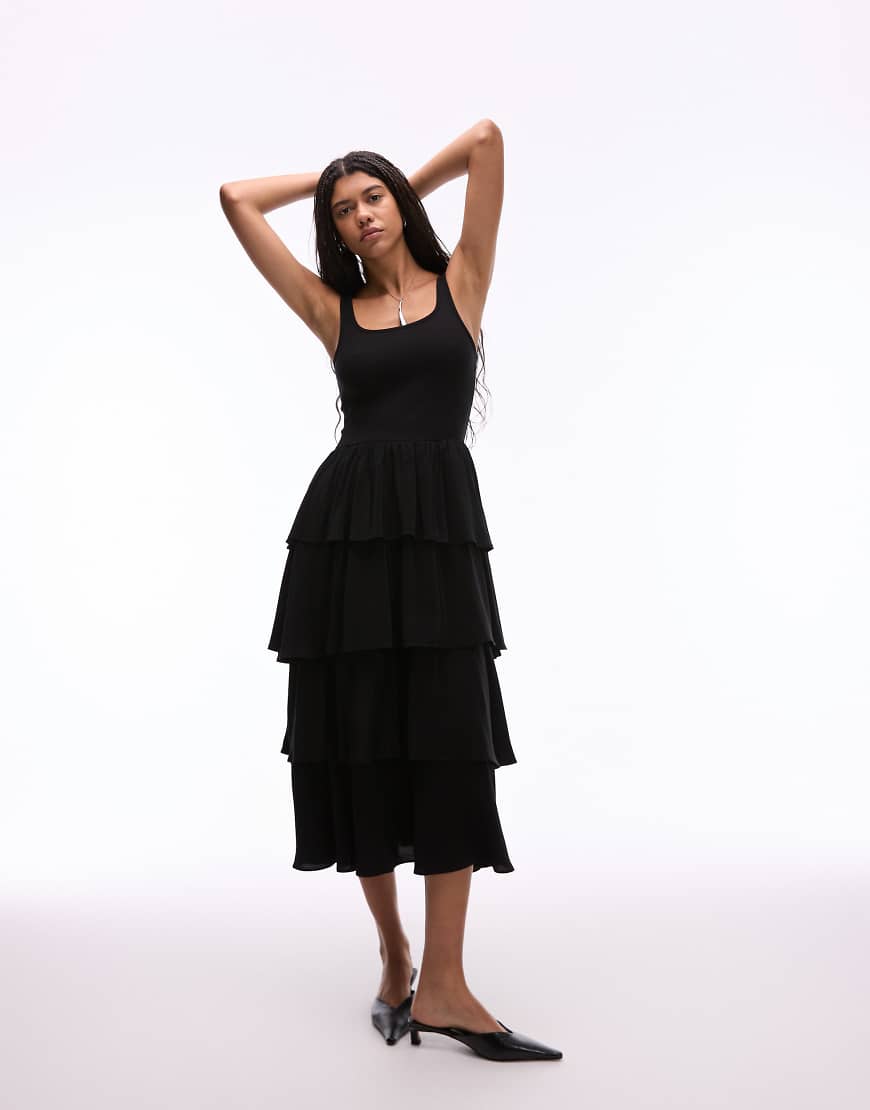 & Other Stories - Ärmelloses, geripptes Midaxikleid aus Jersey und Webstoff in Schwarz mit fließenden Rüschen von Other Stories