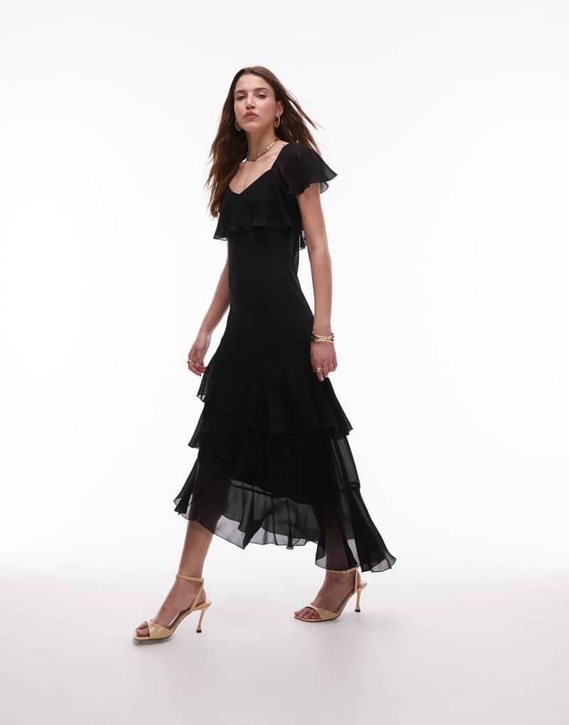 & Other Stories - Asymmetrisches Midaxikleid in Schwarz mit gestuften Rüschen von Other Stories