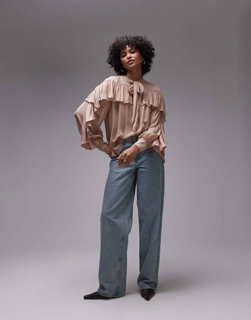 & Other Stories - Durchsichtige Bluse mit Rüschendetails und Halsausschnitt mit Schal zum Binden-Neutral von Other Stories