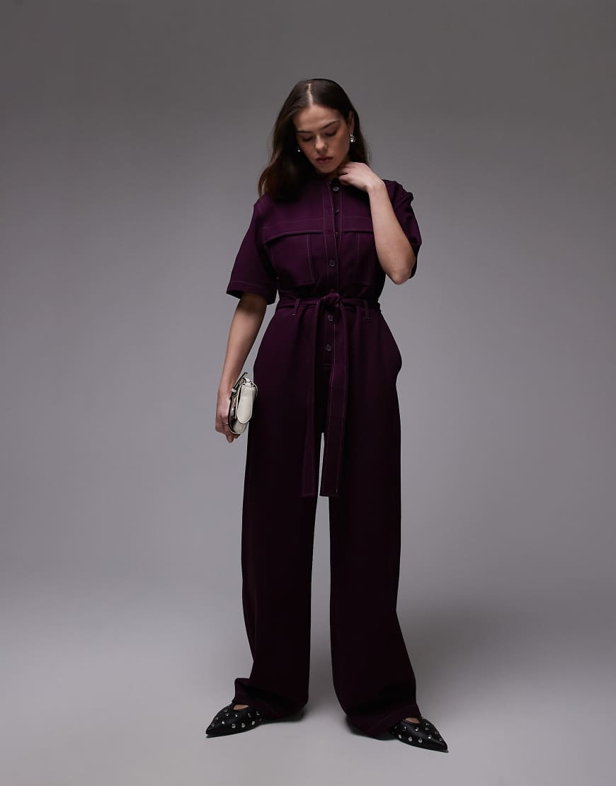 & Other Stories - Elastischer Jumpsuit in dunklem Flieder mit weitem Bein, Bindegürtel und Utility-Taschen-Lila von Other Stories