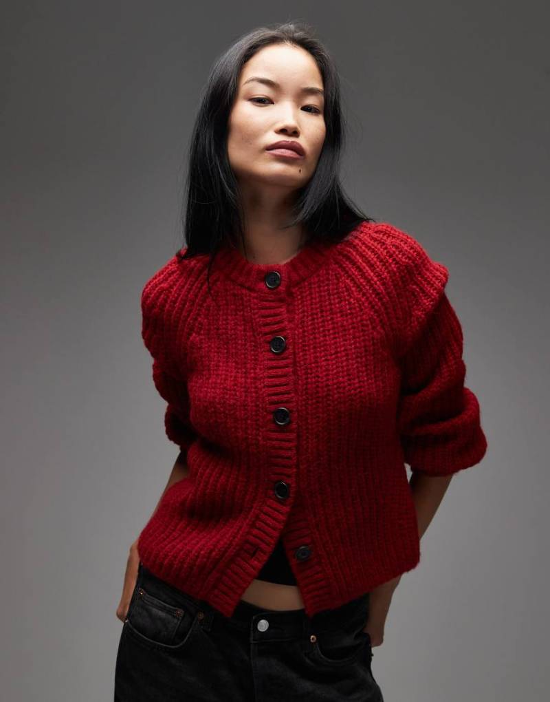 & Other Stories - Grobmaschige Strickjacke aus Alpaka- und Woll-Mix in Rot mit Ballonärmeln von Other Stories