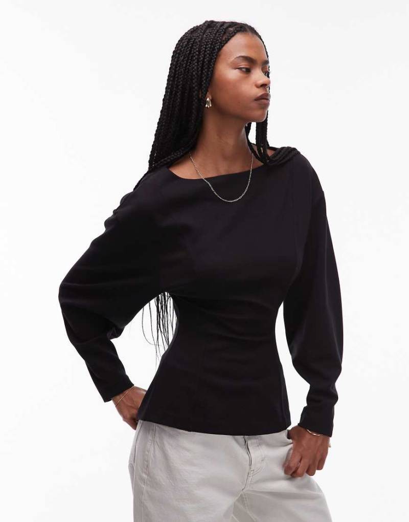 & Other Stories - Hochgeschlossene Bluse in Schwarz mit voluminösen Ärmeln und besticktem Bogenkanten-Saum von Other Stories