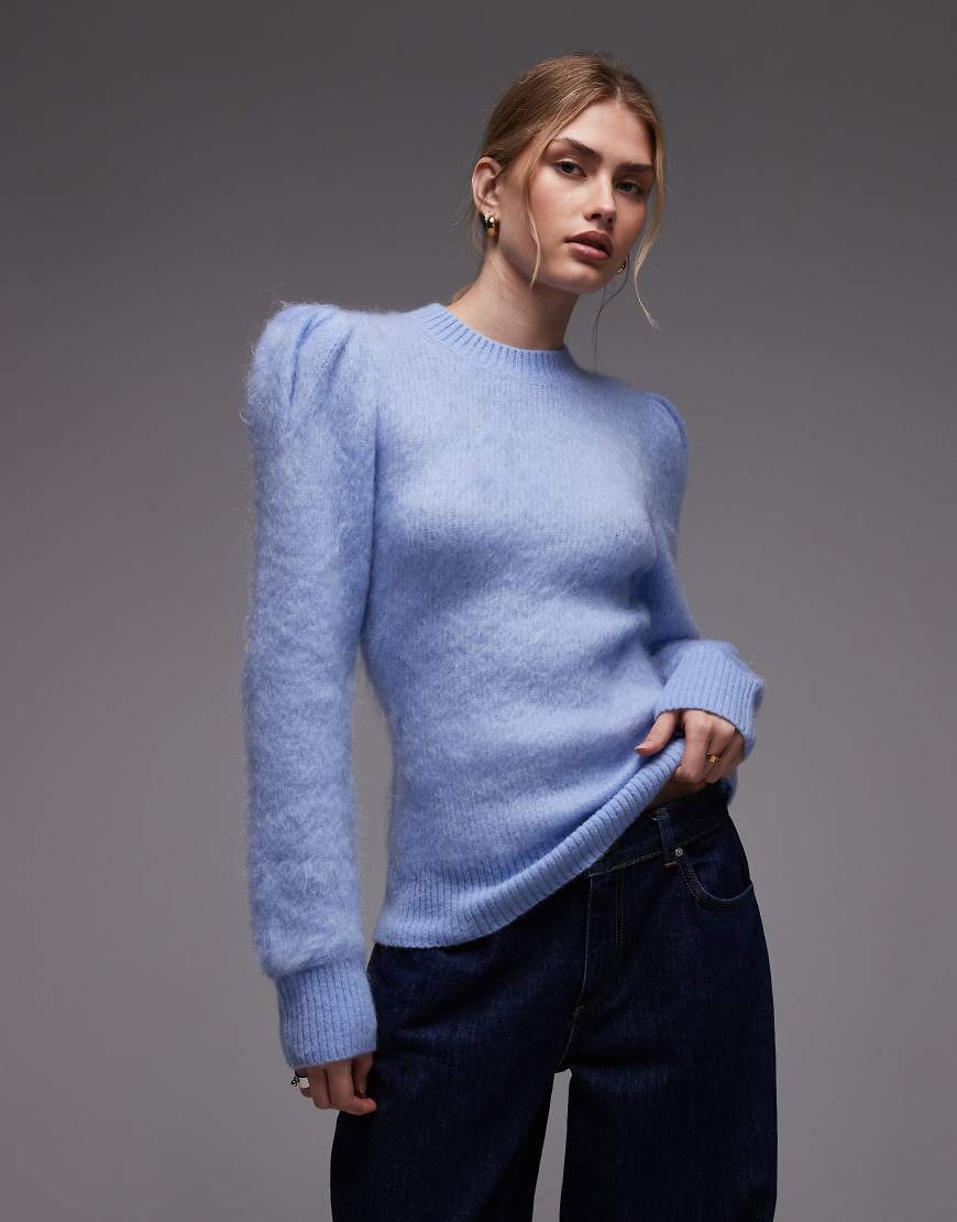 & Other Stories - Kurzärmliger Pullover aus Woll- und Mohairmix in Blau mit voluminösen Ärmeln von Other Stories