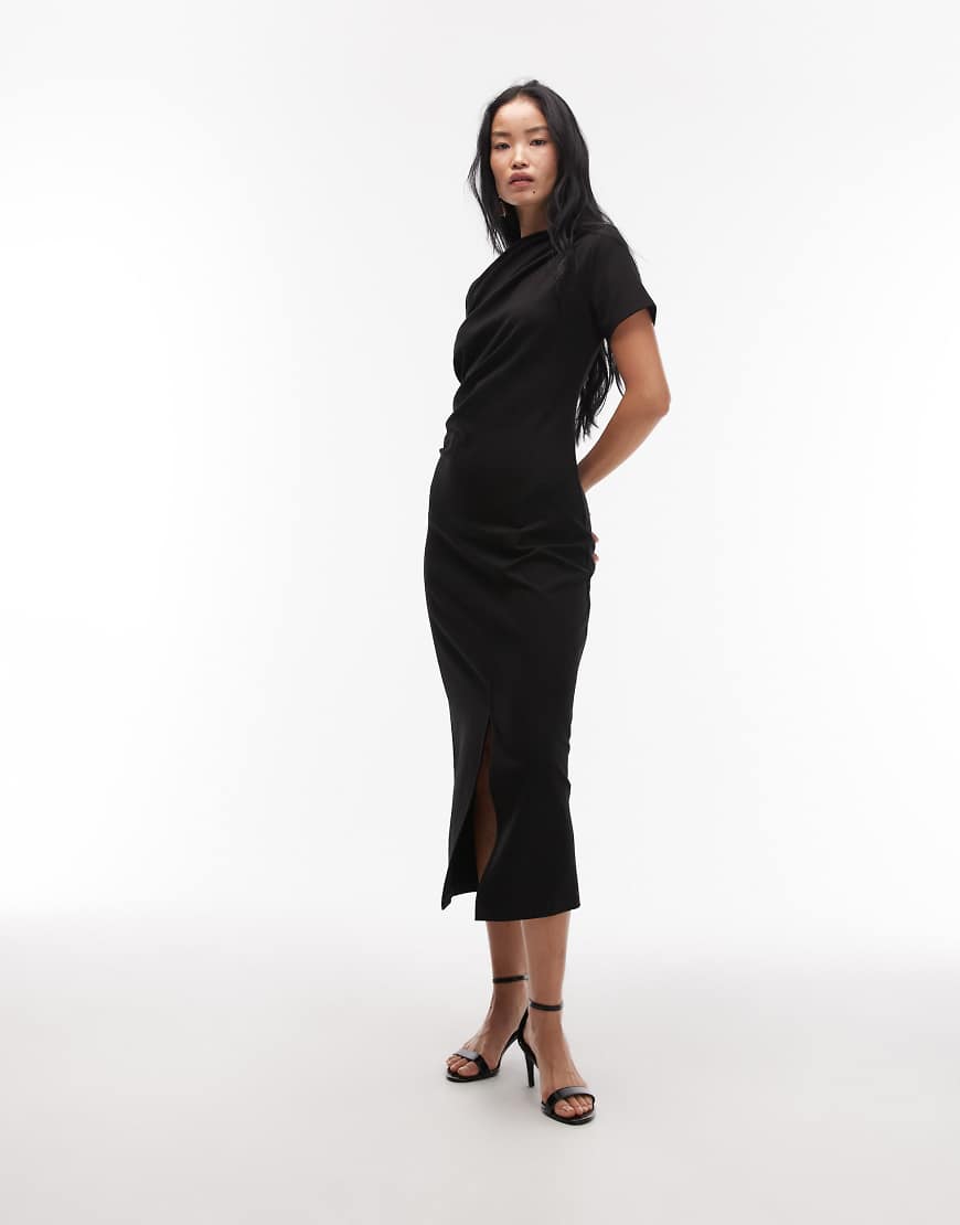 & Other Stories - Kurzärmliges Midaxikleid in Schwarz mit Schlitz vorne und verdrehter Drapierung von Other Stories