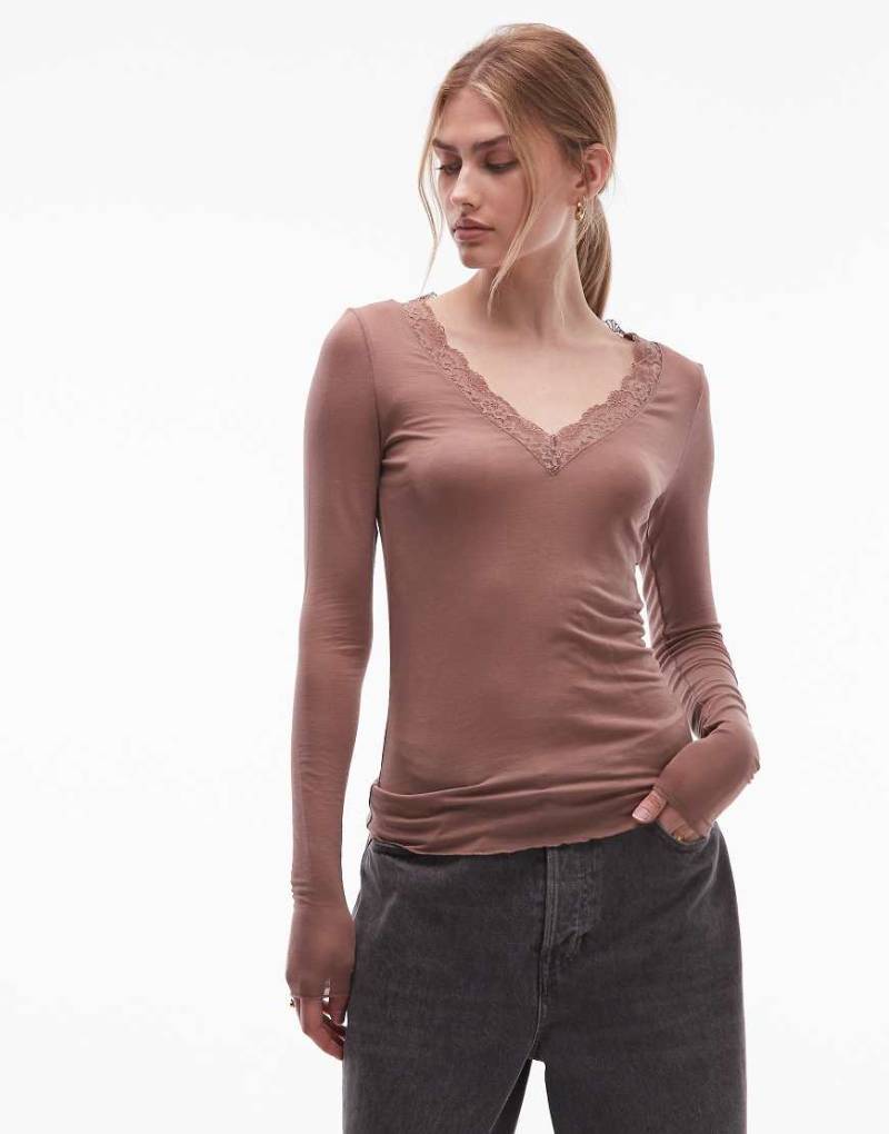 & Other Stories - Langärmliges Oberteil in Braun mit tiefem V-Ausschnitt und Spitzenbesatz-Brown von Other Stories