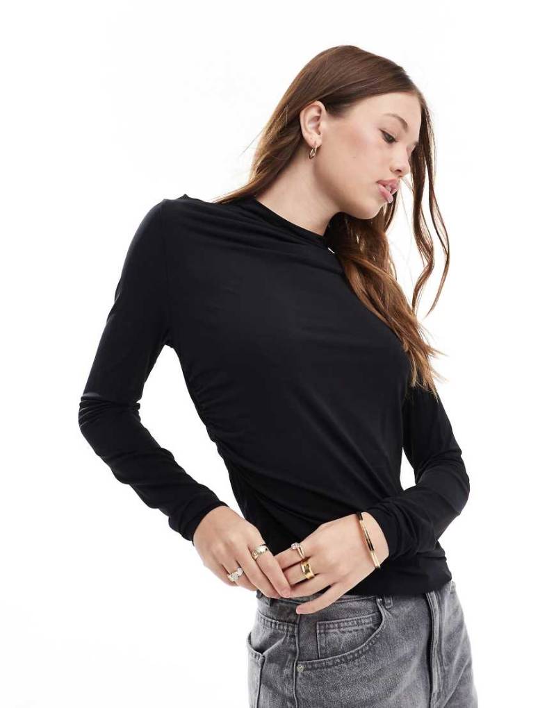 & Other Stories - Langärmliges Oberteil in Schwarz mit Stehkragen und gerafften Details von Other Stories