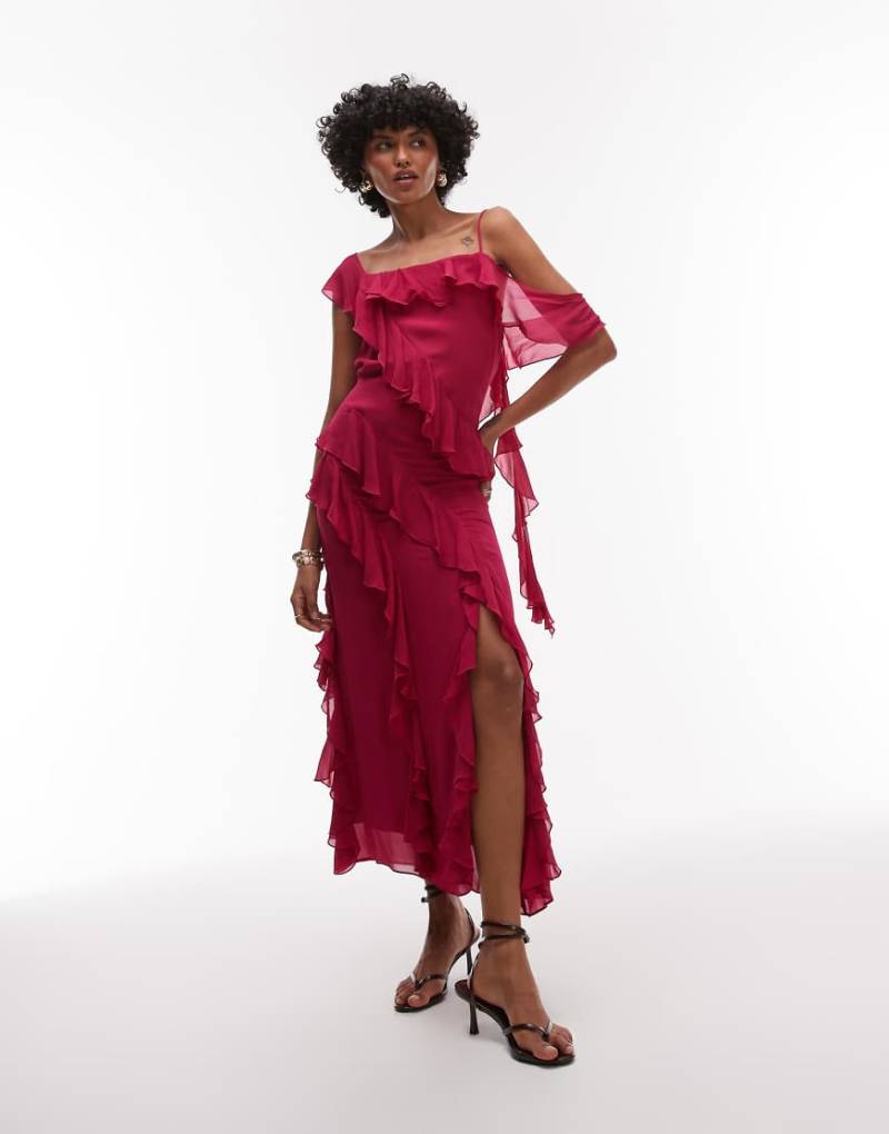 & Other Stories - Maxi-Trägerkleid in Rosa mit gestuften Rüschen und tiefem Rückenausschnitt mit Bindedetail von Other Stories