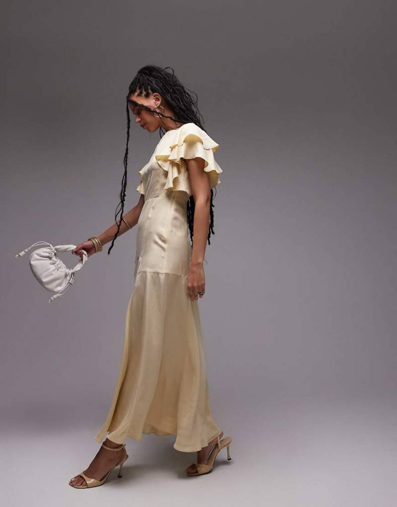 & Other Stories - Maxikleid in hellem Buttergelb mit Rüschenärmeln und Rückenausschnitt von Other Stories