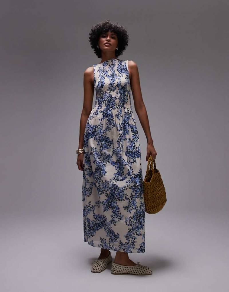 & Other Stories - Maxikleid mit blauem Blumenprint, U-Boot-Ausschnitt und gesmoktem Oberteil von Other Stories