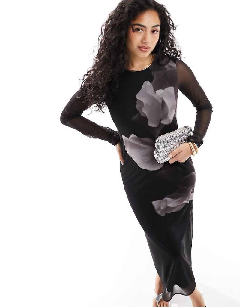 & Other Stories - Mesh-Midikleid in Schwarz mit Blumenprint vorne von Other Stories