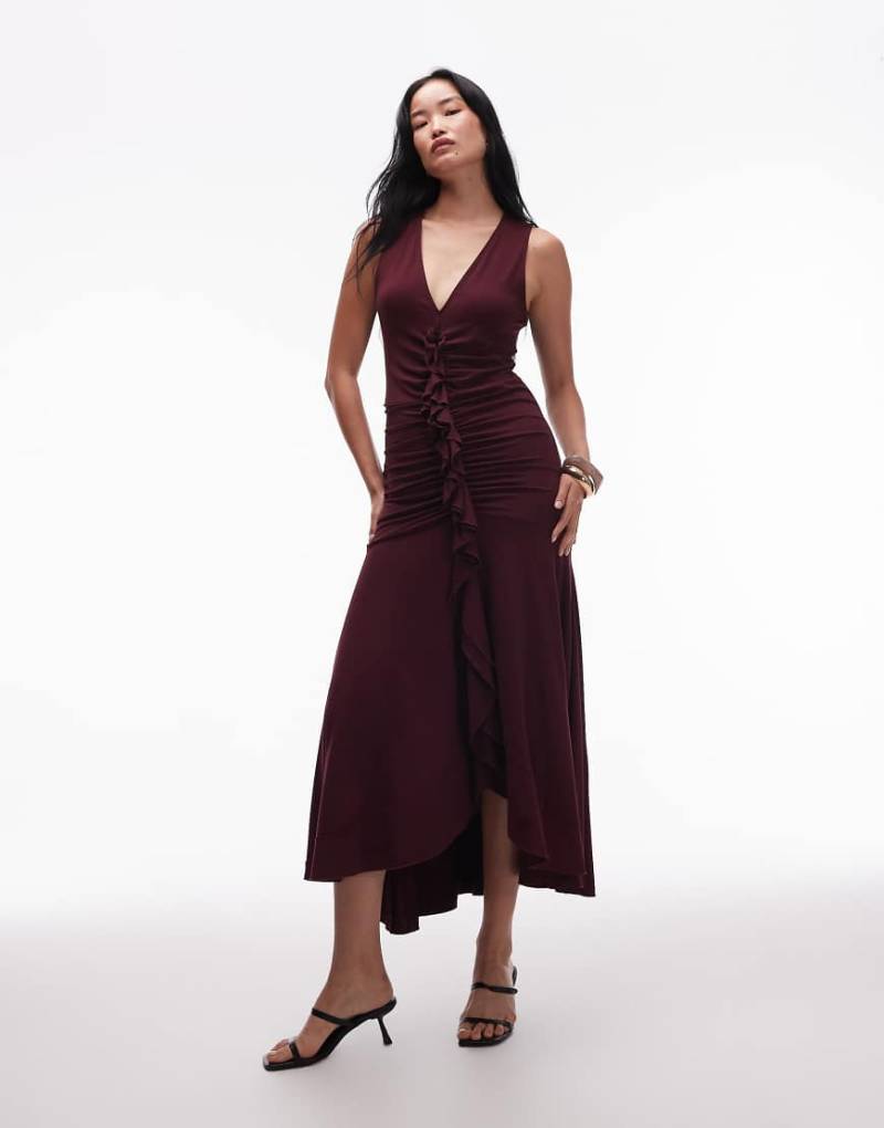 & Other Stories - Midaxi-Kleid aus Jersey in Burgunderrot mit gerüschter Vorderseite und Raffung von Other Stories