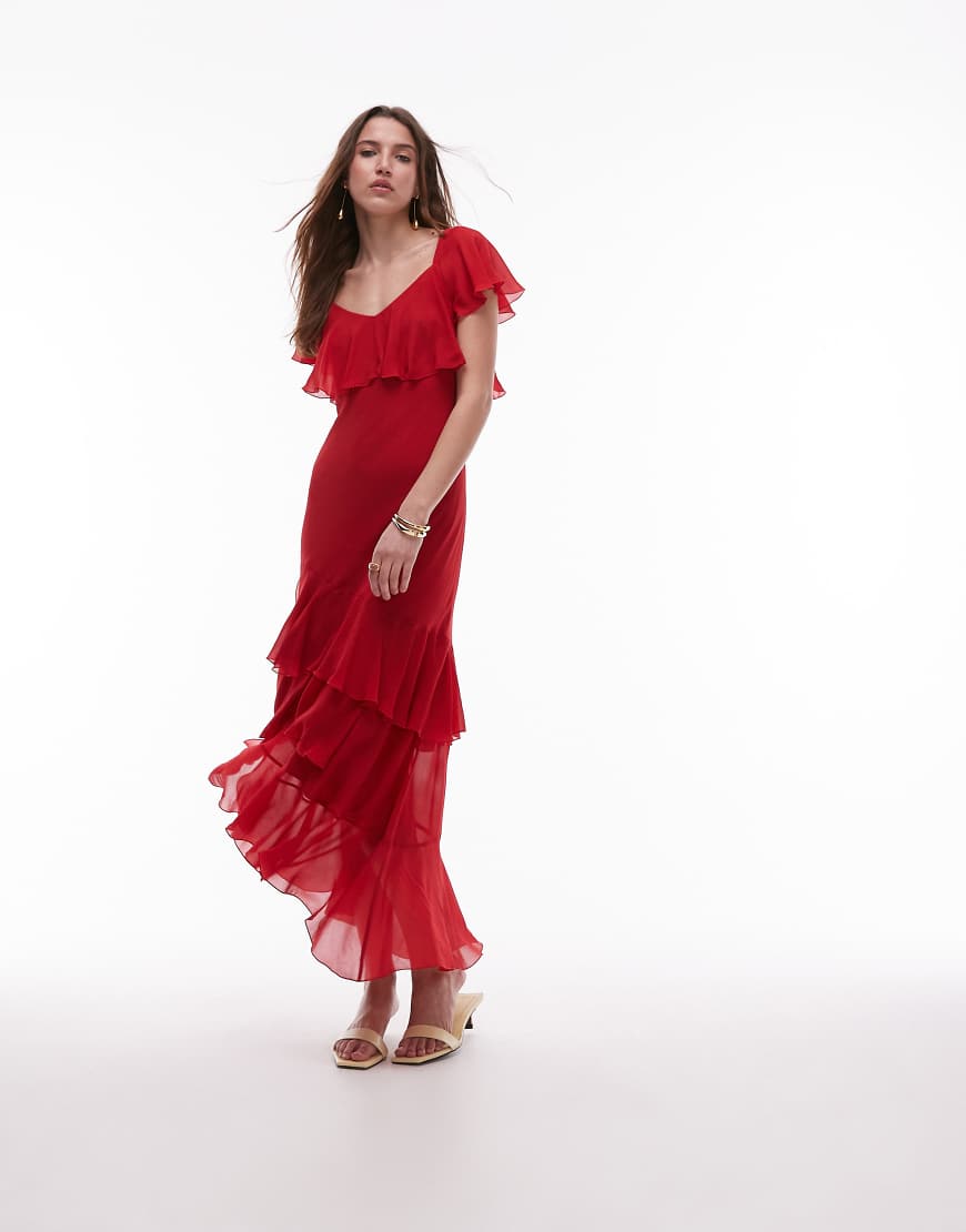 & Other Stories - Midaxikleid in Rot mit asymmetrisch gestuften Rüschen von Other Stories