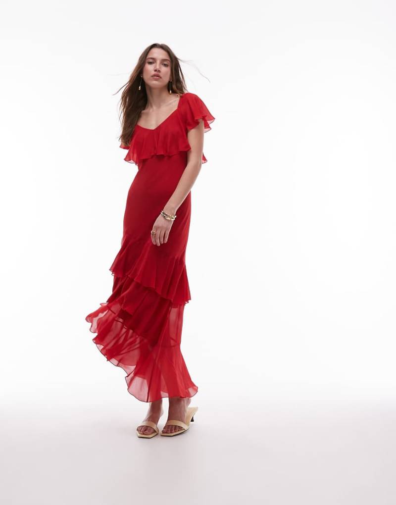 & Other Stories - Midaxikleid in Rot mit asymmetrisch gestuften Rüschen von Other Stories