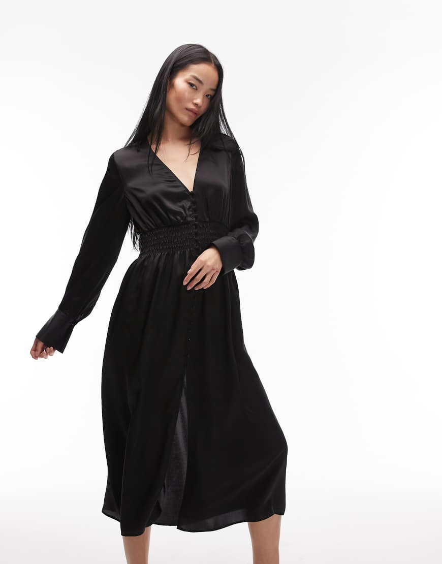 & Other Stories - Midikleid in Schwarz mit tiefem V-Ausschnitt und Bündchen von Other Stories