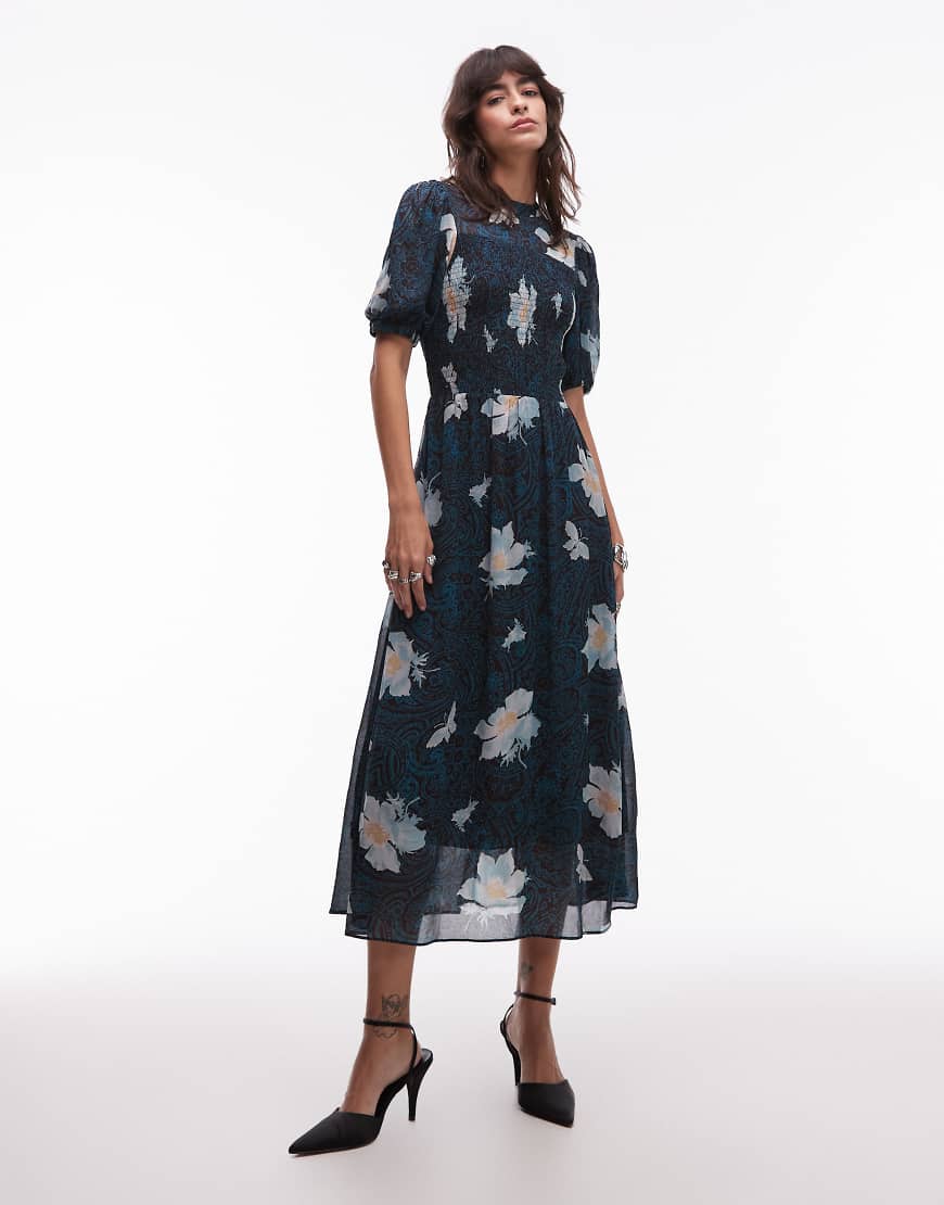 & Other Stories - Midikleid mit gerafftem Oberteil, Puffärmeln und Blumenmuster-Bunt von Other Stories