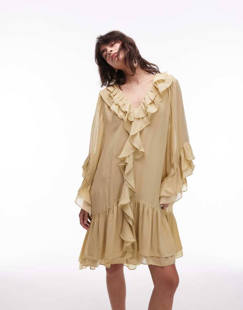 & Other Stories - Durchscheinendes Chiffon-Minikleid in Buttermilchgelb mit Rüschen und Stufensaum-Neutral von Other Stories