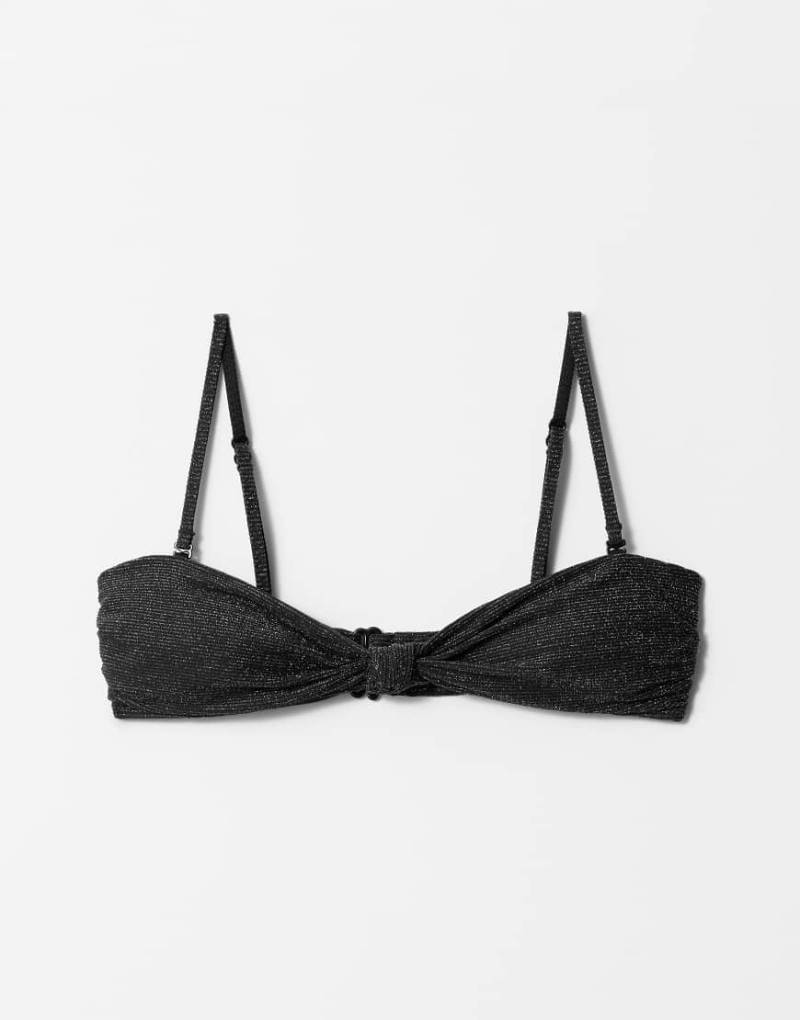 & Other Stories - Mix and Match - Trägerloses Bikinioberteil in Schwarz mit Glitzerfäden, Knotendetail vorne und herausnehmbarer Polsterung von Other Stories