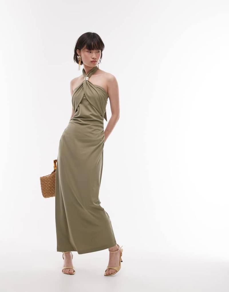 & Other Stories - Neckholder-Maxikleid aus Jersey in Khaki mit Metallspange-Grün von Other Stories
