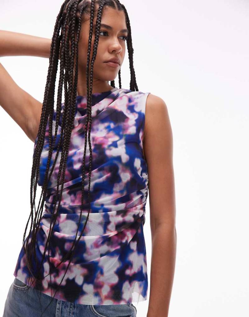 & Other Stories - Netzstoff-Oberteil mit verschwommenem Blumenmuster und drapiertem Detail-Bunt von Other Stories