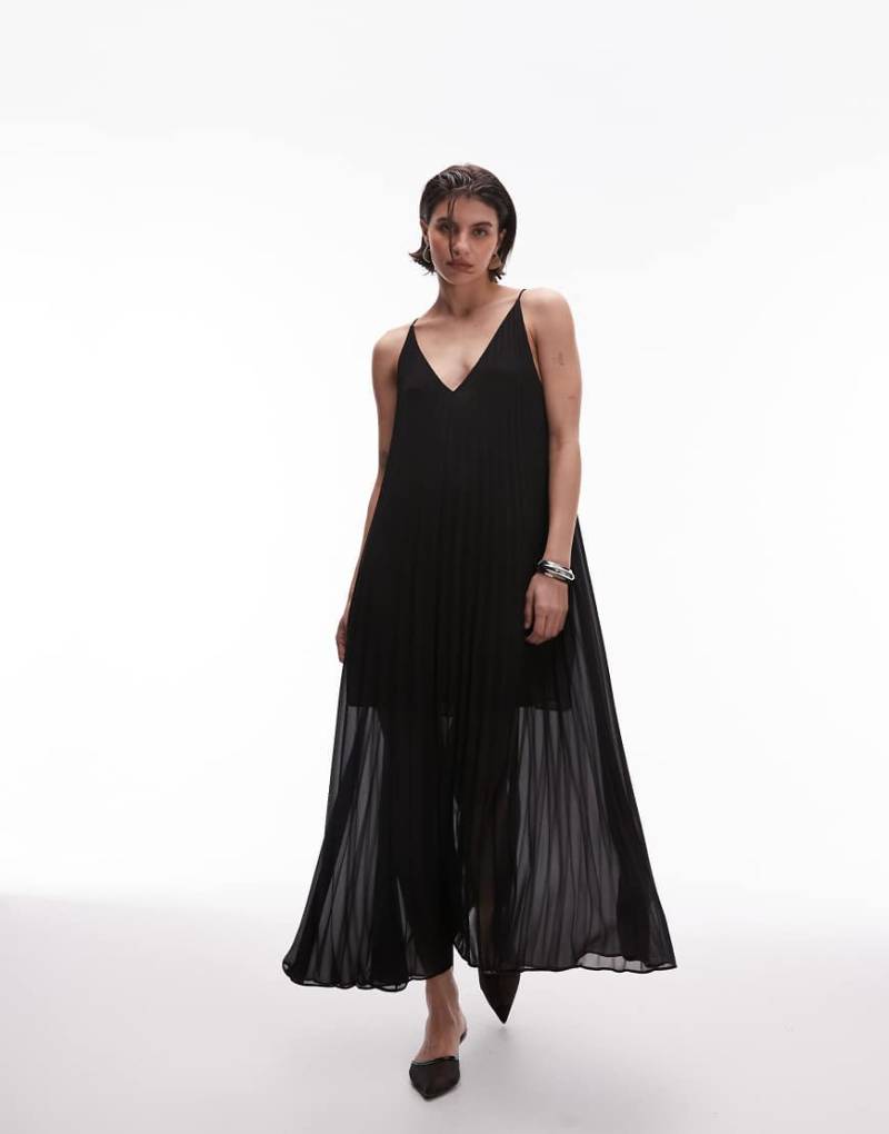 & Other Stories - Plissiertes Chiffon-Maxikleid in Schwarz mit tiefem V-Ausschnitt von Other Stories