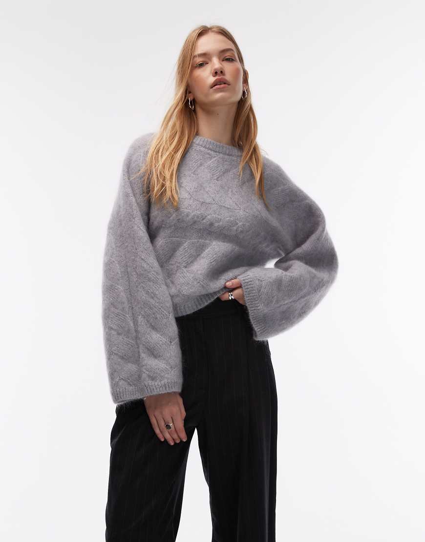 & Other Stories - Pullover aus Wollmix in meliertem Hellgrau mit Zopfmuster von Other Stories