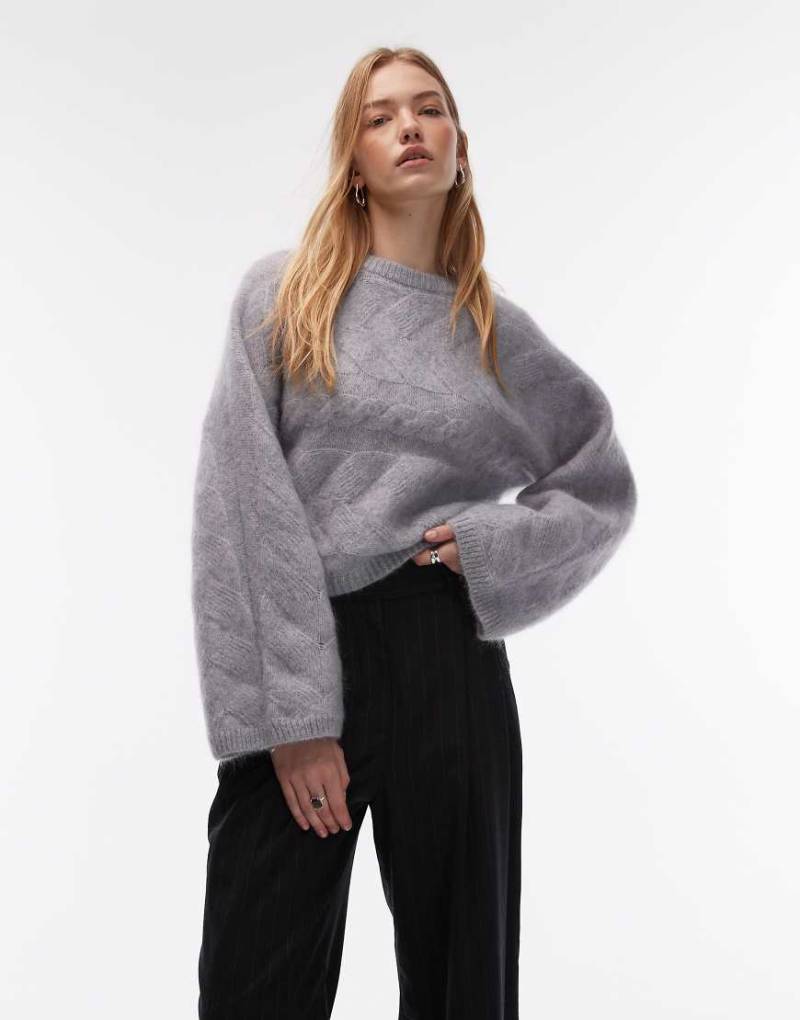 & Other Stories - Pullover aus Wollmix in meliertem Hellgrau mit Zopfmuster von Other Stories