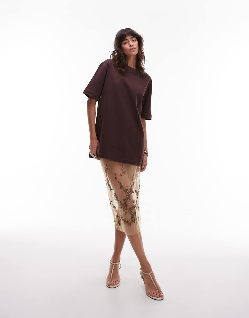& Other Stories - Rock aus transparentem Netzstoff in Beige mit Perlen- und Paillettenstickerei-Neutral von Other Stories