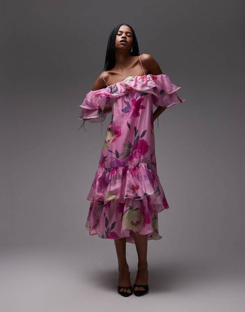 & Other Stories - Schulterfreies Midaxi-Kleid mit Rüschen und rosa Blumenmuster von Other Stories