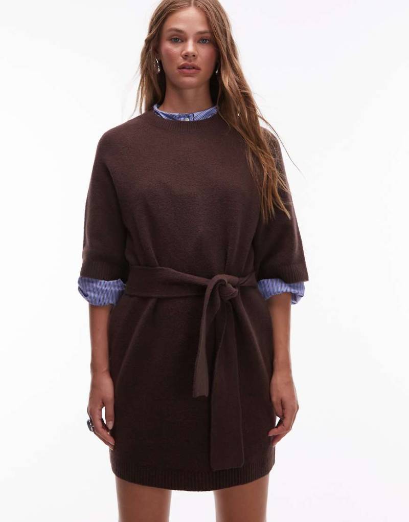 & Other Stories - Strick-Minikleid in Braun mit Gürtel und weiten Ärmeln-Brown von Other Stories