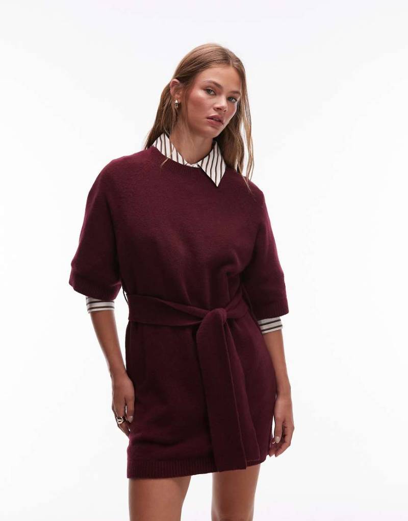 & Other Stories - Strick-Minikleid in Burgunderrot mit Gürtel und weiten Ärmeln von Other Stories