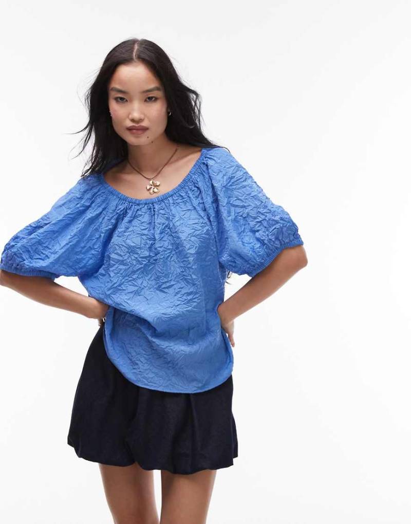 & Other Stories - Strukturierte Bluse in Blau mit Puffärmeln und gebundenem Schlüssellochausschnitt auf der Rückseite von Other Stories