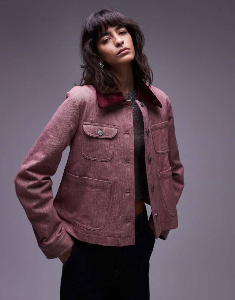 & Other Stories - Taillierte Barn-Jacke in gewaschenem Granatapfelrosa mit Kontrastkragen von Other Stories