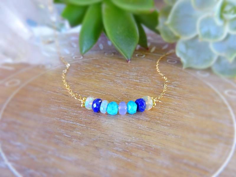 Edelstein Bar Halskette Opal, Lapis & Türkis, Sterling Silber von OtisBJewelryGifts