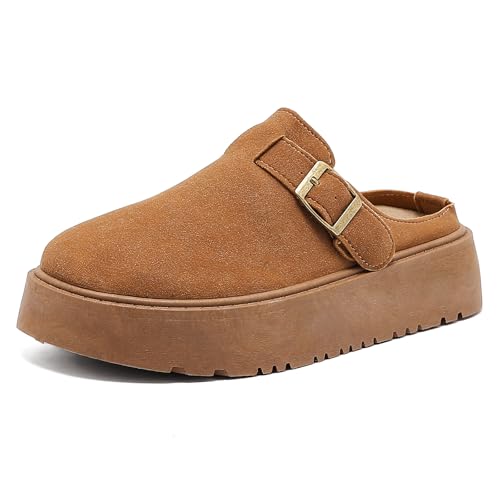 Otoepazm Plateau Clogs Damen mit Verstellbarer Schnalle, Plattform Pantoletten Wildleder Sandalen Halb Geschlossen, Dicke Unterseite Hausschuhe mit Premium Fußbett von Otoepazm