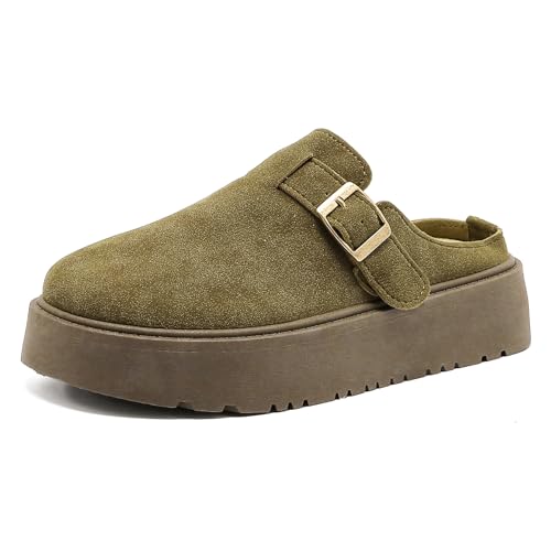 Otoepazm Plateau Clogs Damen mit Verstellbarer Schnalle, Plattform Pantoletten Wildleder Sandalen Halb Geschlossen, Dicke Unterseite Hausschuhe mit Premium Fußbett von Otoepazm