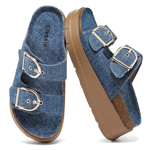 Otoepazm Plattform Sandalen Damen Mit Verstellbare Rieme Schnalle, Dicke Sohlen Pantoletten Mit Kork Fussbett, Plateau Strand Schuhe, Sommer Hausschuhe Leicht, Komfort Schlappen Rutschfest von Otoepazm