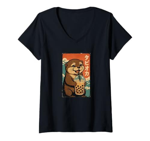 Damen Otter drinkt Bubble Tea Japanisches Vintage T-Shirt mit V-Ausschnitt Damen Otter drinkt Bubble Tea Japanisches Vintage T-Shirt mit V-Ausschnitt von Otter Bubble Tea Retro Kawaii Shop